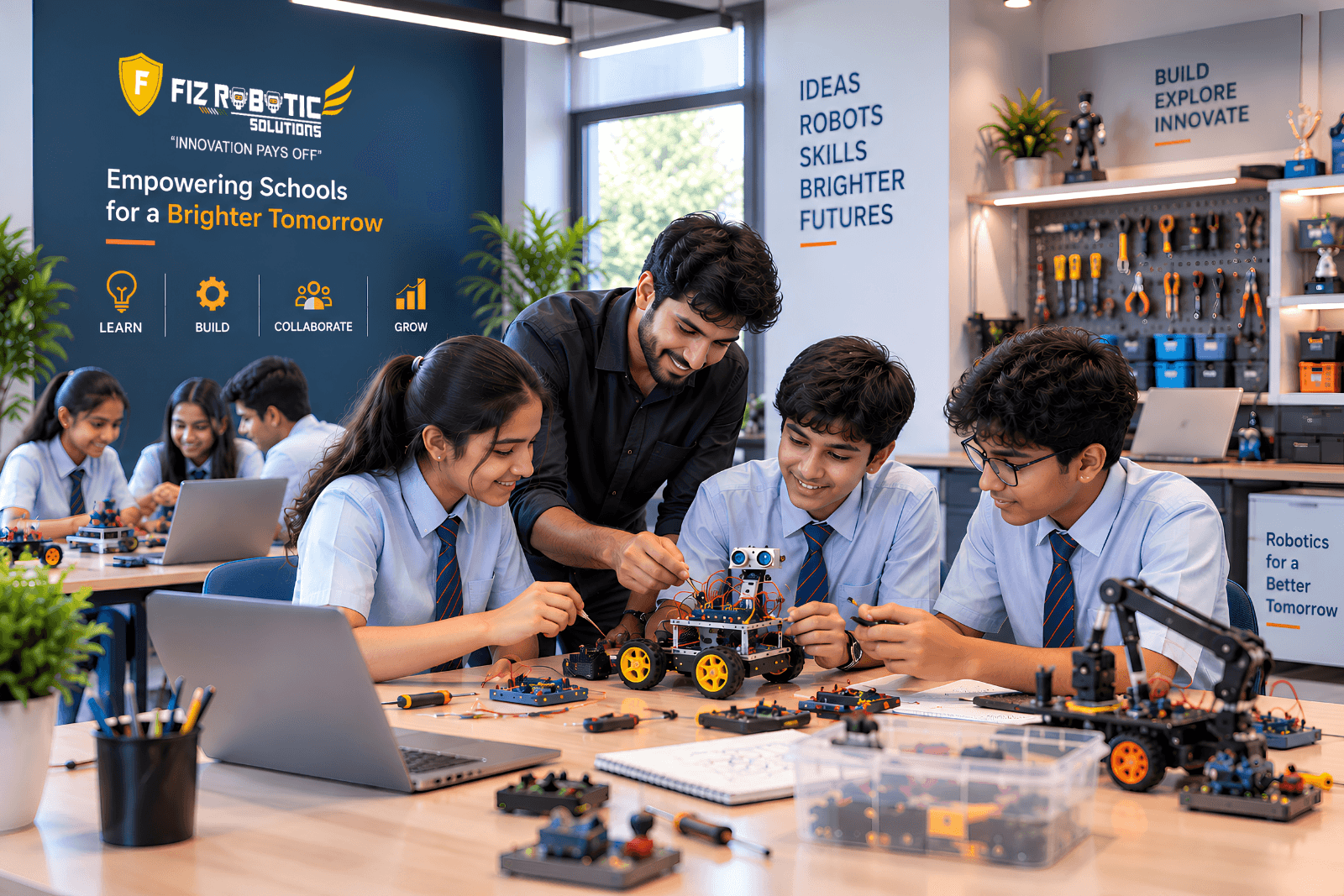Students collaborating in a FIZ Robotics lab