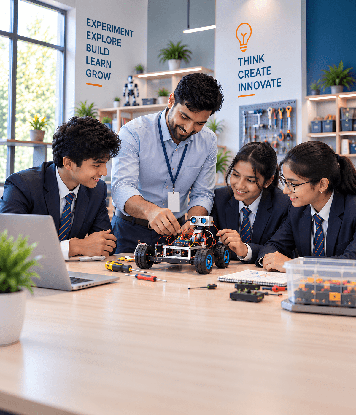 Educator guiding students through a robotics activity