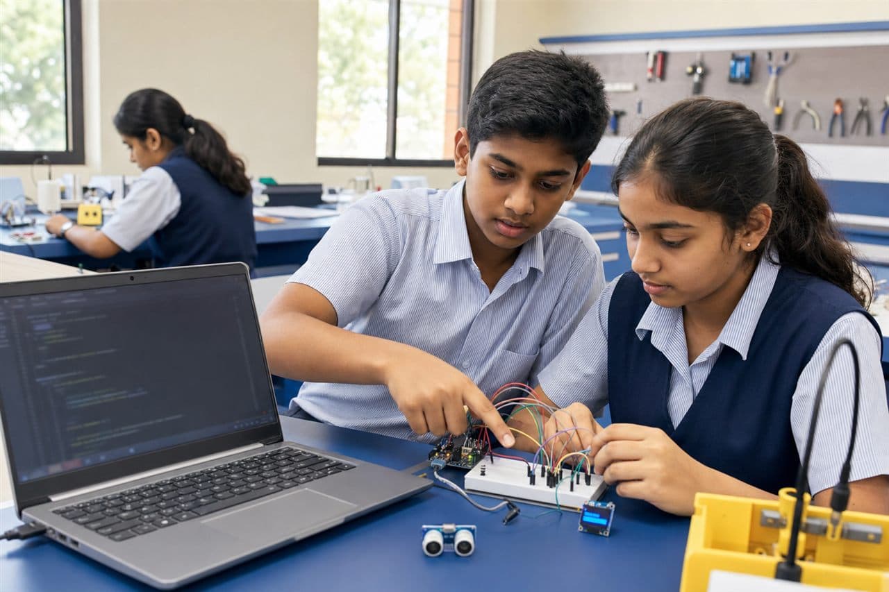 Recommended image: a close, authentic moment of students working with the selected technology.