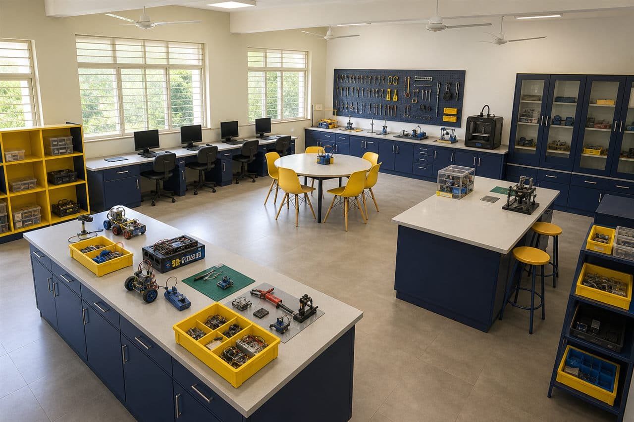 Recommended image: an architectural render or wide-angle photograph of a Composite Skill Lab with clear activity zones.