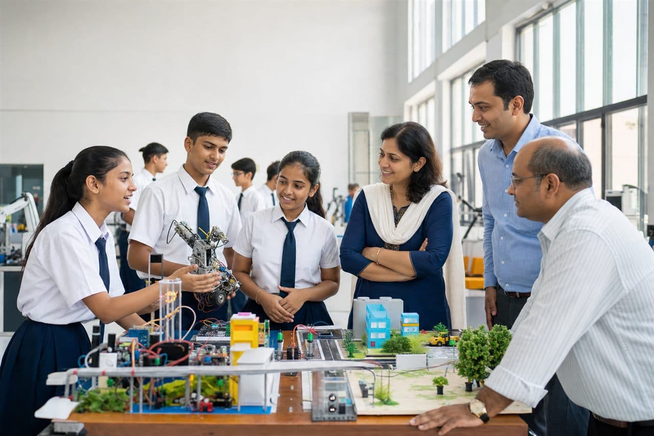 Recommended image: students presenting functioning prototypes at a school innovation exhibition, with teachers or parents observing.