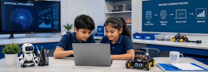 Recommended image: a close, authentic moment of students working with the selected technology.